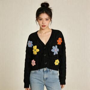 Oversized Floral Appliqué Knit Cardigan by New In – Size Large